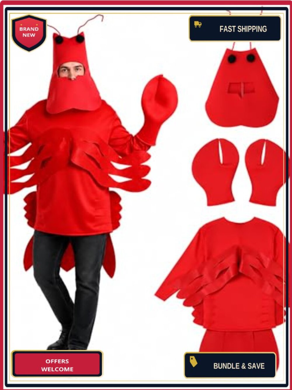 4PCS Lobster Costume Adult Halloween Crawfish Funny Outfit Polyester Spandex